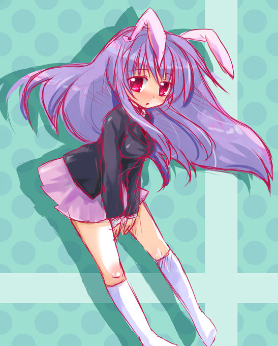 akino ochiba, reisen udongein inaba, touhou, 1girl, animal ears, blazer, female focus, jacket, kneehighs, leaning forward, long hair, purple hair, rabbit ears, red eyes, sketch, skirt, socks, solo, v arms, white socks