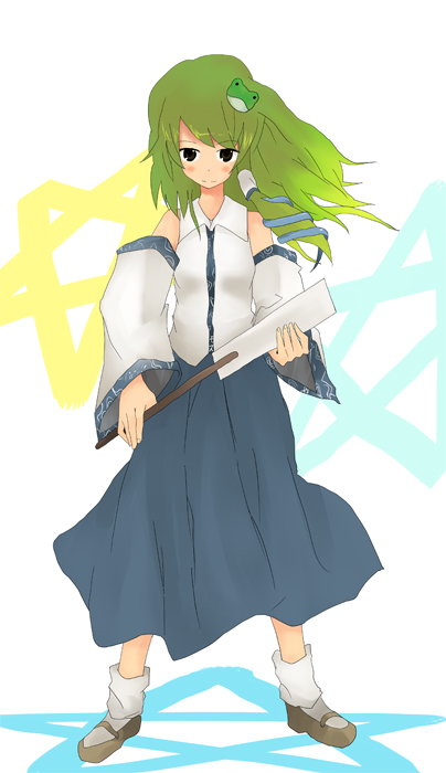 mieharu, kochiya sanae, touhou, 1girl, female focus, frog, full body, green hair, japanese clothes, long hair, miko, shoes, socks, solo, standing, white background