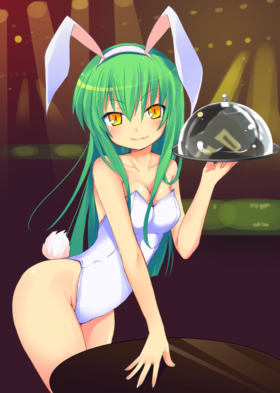 kishiri toworu, miyao ryuu, c.c., code geass, long image, tall image, 00s, 1girl, :3, alternate costume, animal ears, arm support, bare legs, bare shoulders, bent over, blush, breasts, card, carrying, cleavage, collarbone, fake animal ears, female focus, fingernails, green hair, groin, hair between eyes, hairband, hip focus, indoors, leaning forward, leotard, lips, long fingernails, long hair, looking at viewer, outstretched arm, playboy bunny, playing card, purple background, rabbit ears, rabbit tail, reflection, shiny skin, smile, solo, spotlight, standing, table, tail, thighs, tray, waitress, yellow eyes