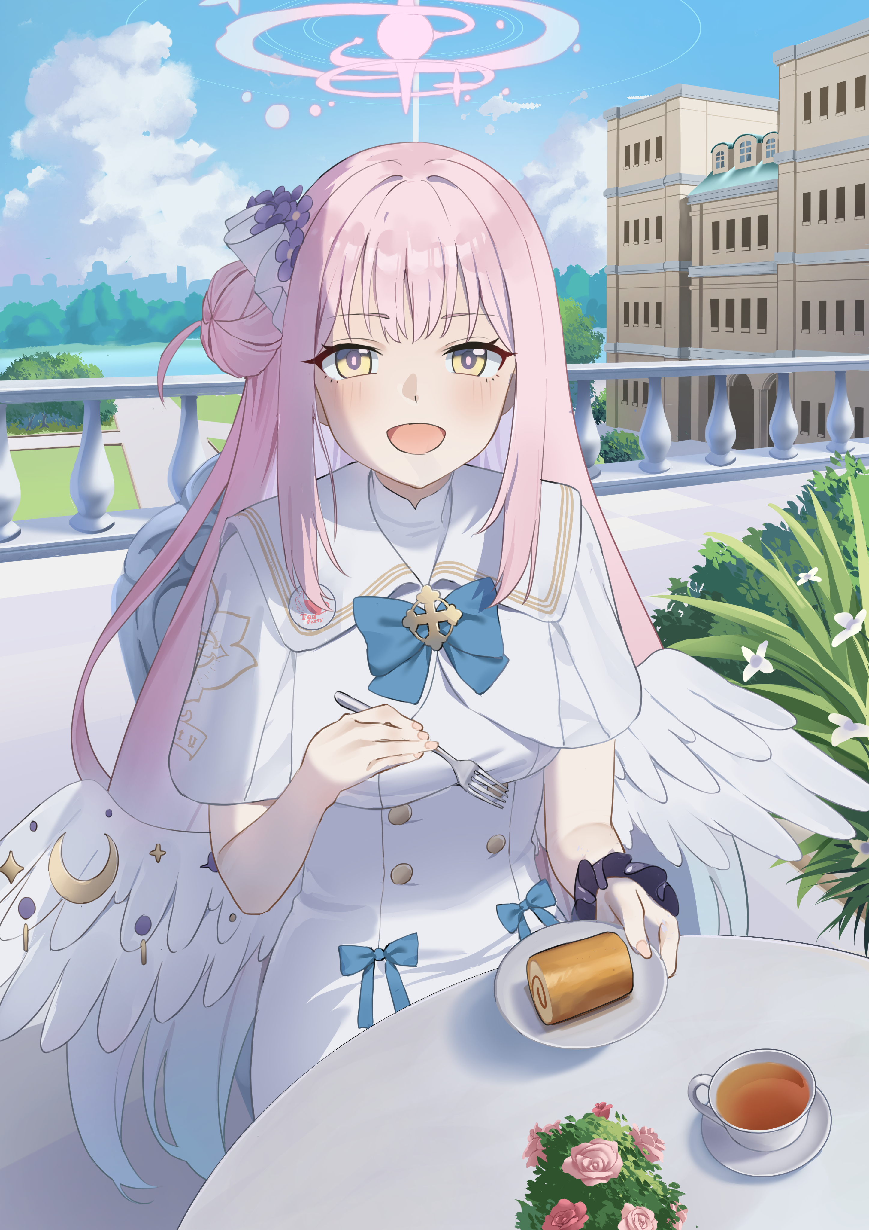 dscreation (alan dwi29), mika (blue archive), blue archive, absurdres, highres, 1girl, angel wings, blue bow, blush, bow, buttons, cake, capelet, chair, cup, double-breasted, dress, feathered wings, food, fork, gold trim, hair bun, halo, holding, holding fork, holding plate, long hair, looking at viewer, low wings, on chair, open mouth, pink hair, pink halo, plate, scrunchie, single hair bun, single side bun, sitting, smile, solo, swiss roll, tea, tea party (blue archive), teacup, very long hair, white capelet, white dress, white wings, wing ornament, wings, wrist scrunchie