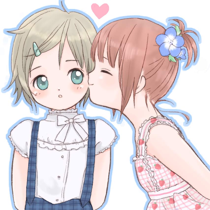 kicham, bad id, bad pixiv id, 2girls, blue eyes, blush, brown hair, closed eyes, hair ornament, hairclip, heart, kiss, multiple girls, red hair, short hair, yuri
