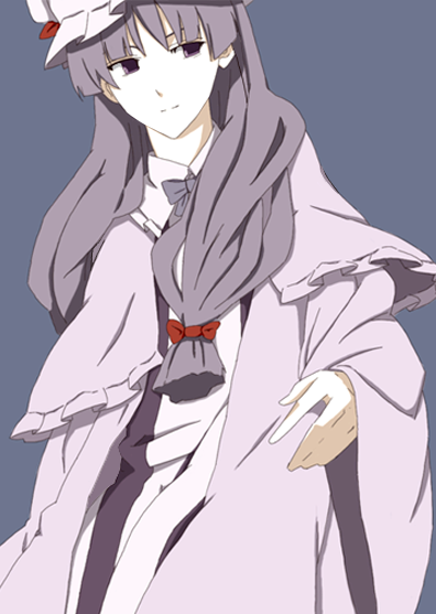 kajiki, patchouli knowledge, touhou, 1girl, blunt bangs, cape, dress, expressionless, female focus, grey background, long hair, long sleeves, looking at viewer, purple dress, purple eyes, purple hair, simple background, solo, very long hair