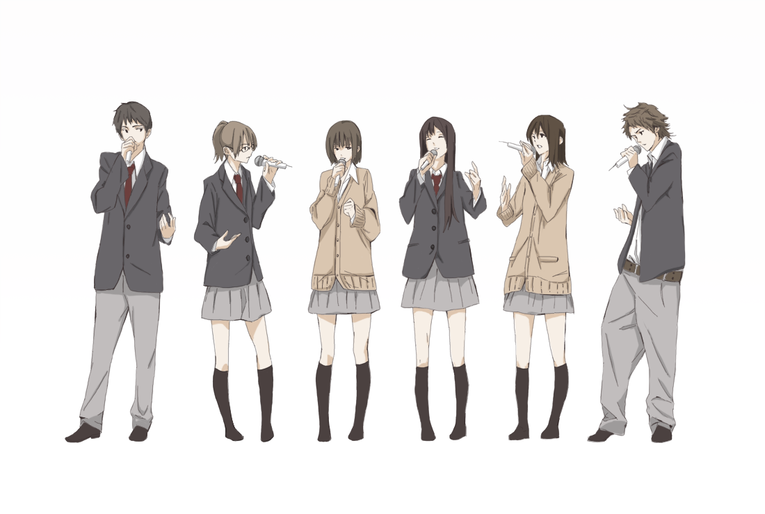 kajiki, 2boys, 4girls, brown hair, cardigan, everyone, glasses, microphone, multiple boys, multiple girls, necktie, pants, school uniform, serafuku, skirt