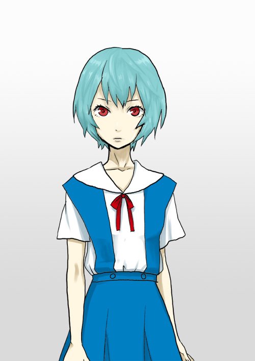 hntk, ayanami rei, neon genesis evangelion, bad id, bad pixiv id, blue hair, pale skin, red eyes, school uniform, serafuku, short hair, simple background, solo