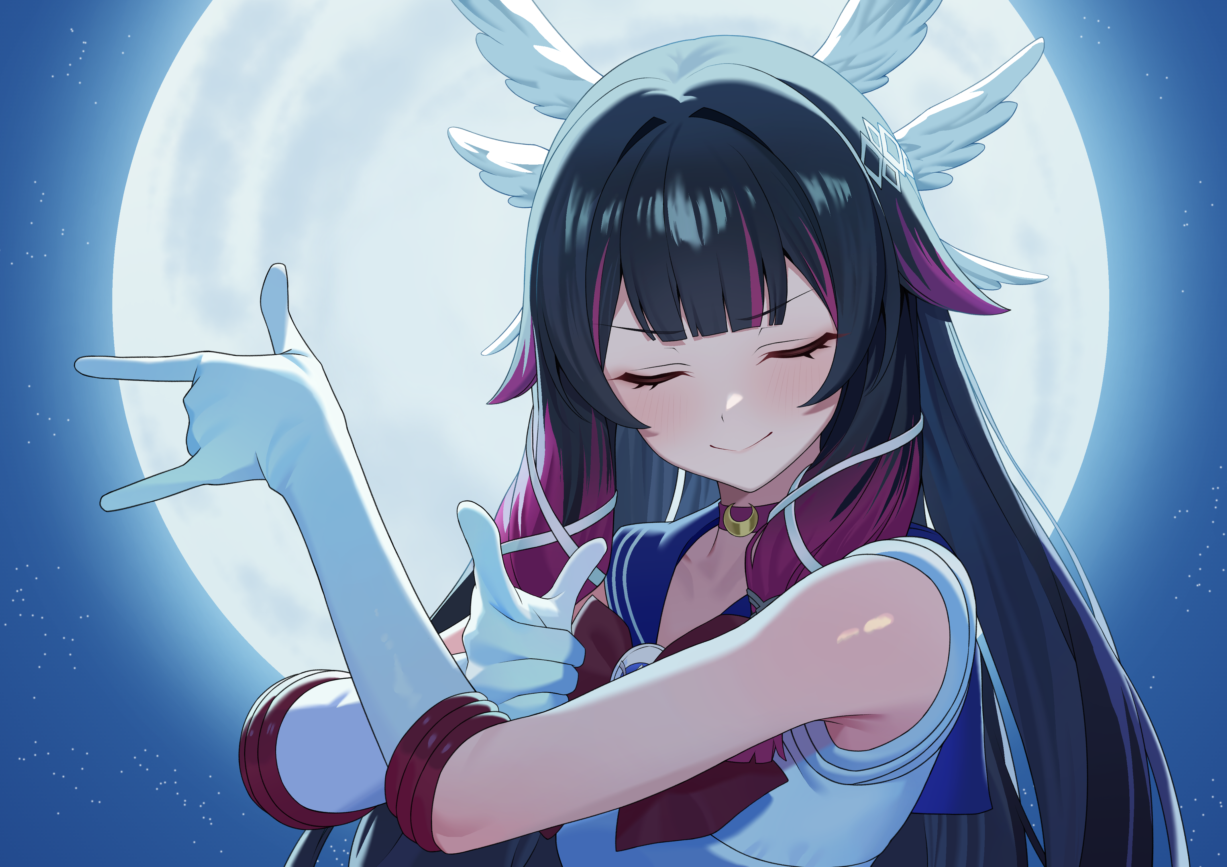 0haribo0, columbina (genshin impact), sailor moon, bishoujo senshi sailor moon, genshin impact, absurdres, commentary request, highres, 1girl, m/, black choker, black hair, blue sailor collar, choker, closed eyes, closed mouth, cosplay, elbow gloves, facing viewer, full moon, gloves, hair intakes, head wings, long hair, moon, multiple wings, night, night sky, outdoors, purple hair, sailor collar, sailor moon (cosplay), sailor moon pose, sailor senshi uniform, shirt, sky, solo, tsuki ni kawatte oshioki yo, unofficial sailor senshi uniform, upper body, white gloves, white shirt, white wings, wings