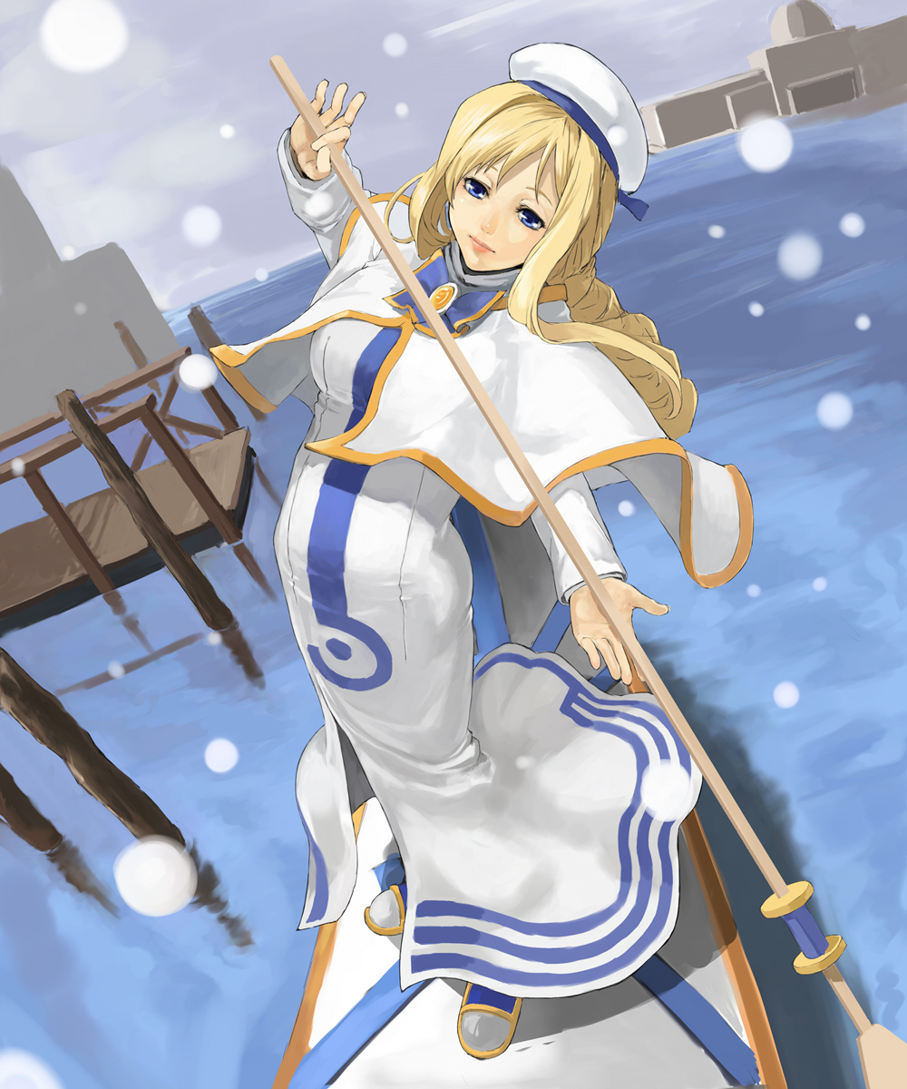 kuroko (piii), alicia florence, aria (manga), highres, 00s, 1girl, blonde hair, blue eyes, boat, dress, female focus, hat, high collar, long hair, snow, solo, water, watercraft