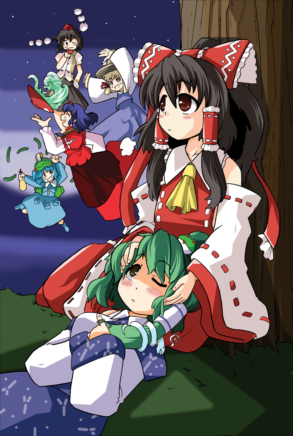 eruichi (redphantom), hakurei reimu, kawashiro nitori, kochiya sanae, moriya suwako, shameimaru aya, yasaka kanako, touhou, eyebrows, highres, 6+girls, ascot, backpack, bag, black hair, blonde hair, blue eyes, blue hair, blush, blush stickers, boots, bow, buttons, cucumber, cup, detached sleeves, female focus, frilled bow, frilled shirt collar, frills, frog, frog hair ornament, grass, green hair, hair between eyes, hair bobbles, hair bow, hair ornament, hair tie, hair tubes, hands on another's head, hat, key, ladle, lap pillow, long hair, long sleeves, multiple girls, nature, night, night sky, one eye closed, outdoors, plant, pocket, pom pom (clothes), puffy short sleeves, puffy sleeves, purple hair, red bow, red eyes, ribbon, ribbon-trimmed sleeves, ribbon trim, sakazuki, shaded face, short hair, short sleeves, skirt, sky, smile, snake, snake hair ornament, tokin hat, tree, two side up, wide sleeves
