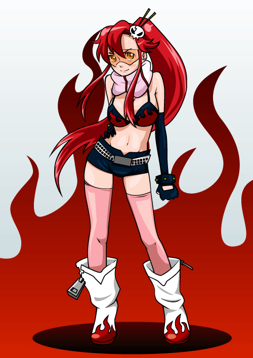 hntk, yoko littner, tengen toppa gurren lagann, visor, bad id, bad pixiv id, 00s, bikini, bikini top only, boots, long hair, midriff, orange-tinted eyewear, orange-tinted glasses, ponytail, red hair, safety glasses, scarf, short shorts, shorts, solo, striped clothes, striped scarf, sunglasses, swimsuit, thighhighs, tinted eyewear, yellow-tinted eyewear