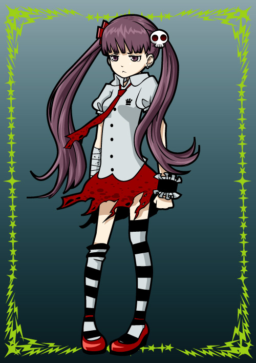 hntk, bad id, bad pixiv id, earrings, jewelry, long hair, necktie, skirt, solo, striped clothes, striped thighhighs, thighhighs, twintails