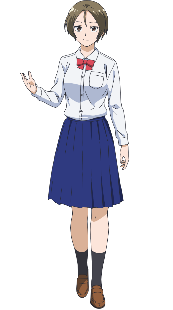 morita kazuaki, ao no orchestra, highres, official art, 1girl, anime coloring, black socks, blue skirt, bow, bowtie, breasts, brown eyes, brown hair, brown shoes, collared shirt, full body, hair between eyes, hand up, large breasts, loafers, long sleeves, looking at viewer, open hand, pleated skirt, red bow, school uniform, shirt, shoes, short hair, simple background, skirt, smile, socks, solo, standing, tachi-e, takimoto kayo, transparent background, white shirt