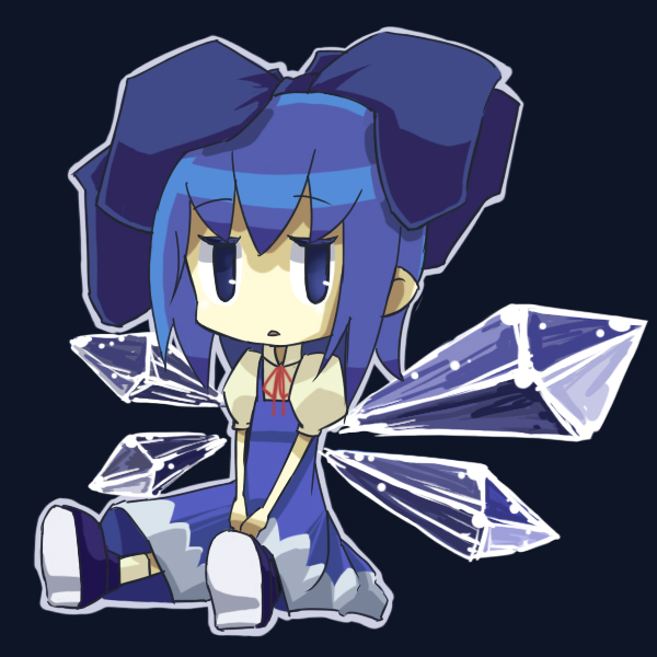 kawauchi (kaz7ry), cirno, embodiment of scarlet devil, touhou, bad id, bad pixiv id, 1girl, blue eyes, blue hair, bored, bow, chibi, female focus, hair bow, jitome, large bow, matching hair/eyes, ribbon, solo, v arms, wings