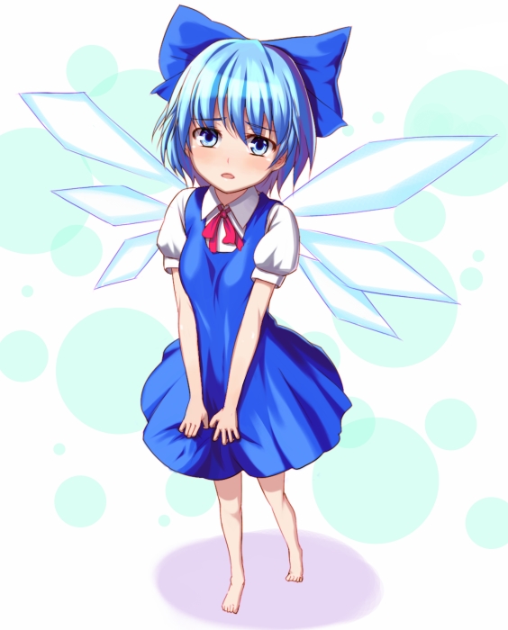 ket-c, cirno, embodiment of scarlet devil, touhou, bad id, bad pixiv id, 1girl, barefoot, blue hair, dress, female focus, full body, ribbon, solo, white background, wings