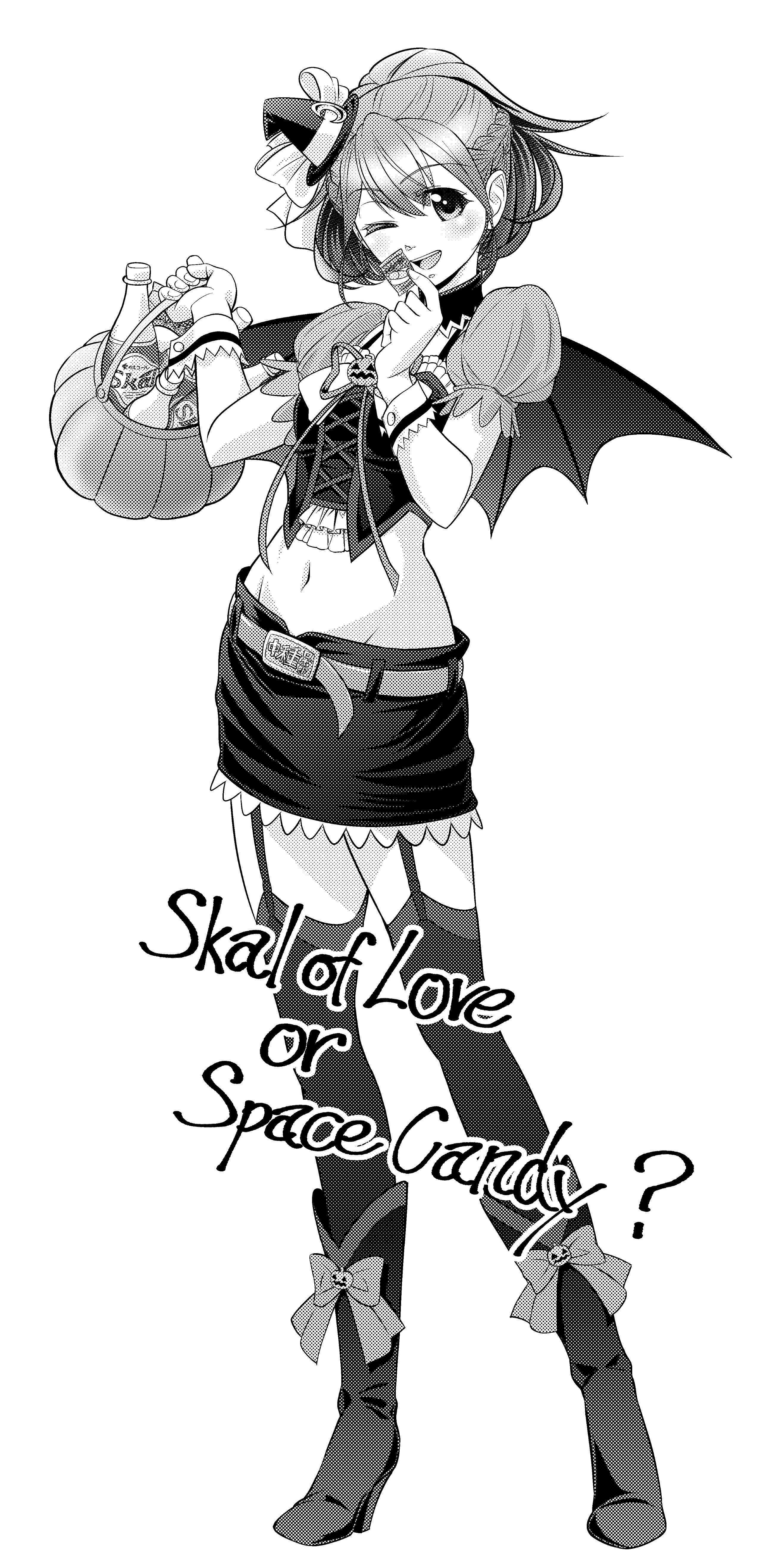eibon, senomiya akiho, robotics;notes, science adventure, shiny eyes, absurdres, highres, translation request, 1girl, alternate costume, bat wings, belt, blush, boots, braid, candy, corset, crop top, cross-laced clothes, food, frilled corset, frills, full body, garter straps, gloves, greyscale, groin, hair ornament, half up braid, halloween, hat, holding, holding candy, holding food, looking at viewer, midriff, mini hat, miniskirt, monochrome, navel, one eye closed, open mouth, short hair, simple background, skal, skirt, smile, solo, teeth, thighhighs, tongue, upper teeth only, white background, wings