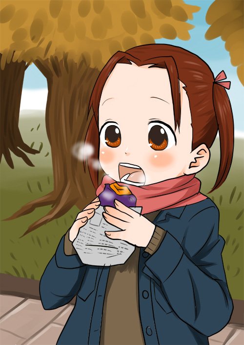 hntk, matsuoka miu, ichigo mashimaro, bad id, bad pixiv id, brown eyes, brown hair, child, eating, food, forehead, park, scarf, short hair, solo, twintails