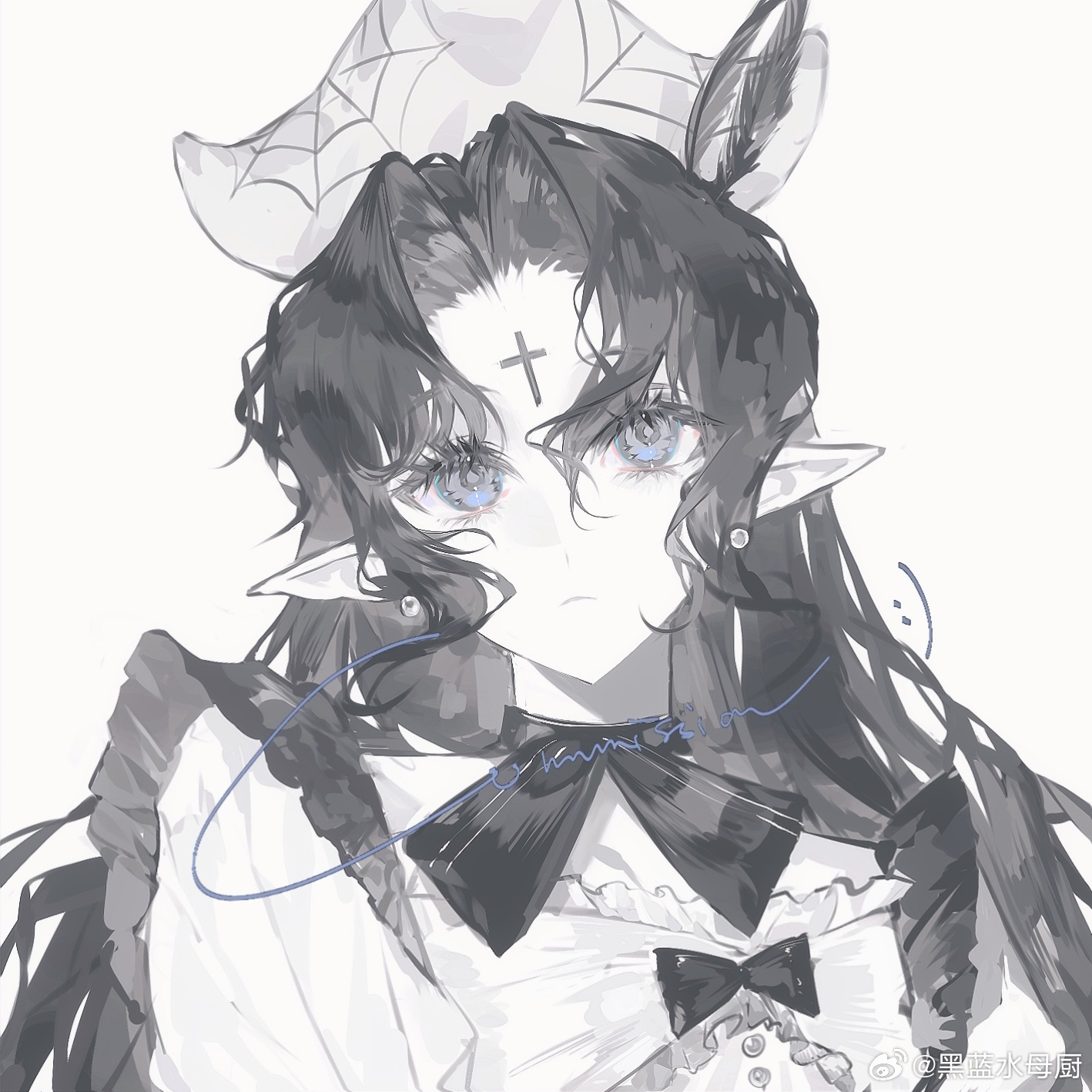 original, highres, 1girl, black bow, black feathers, black hair, blue eyes, blunt bangs, bow, bowtie, closed mouth, cross, dress, earrings, facial mark, feather hair ornament, feathers, forehead mark, frills, hair ornament, hat, heilanshuimuchu, jewelry, long hair, looking at viewer, pearl earrings, pointy ears, simple background, solo, upper body, very long hair, white background, white bow, white dress