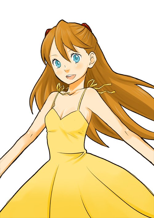 hntk, souryuu asuka langley, neon genesis evangelion, bad id, bad pixiv id, 1girl, blue eyes, brown hair, dress, female focus, happy, long hair, solo, yellow dress