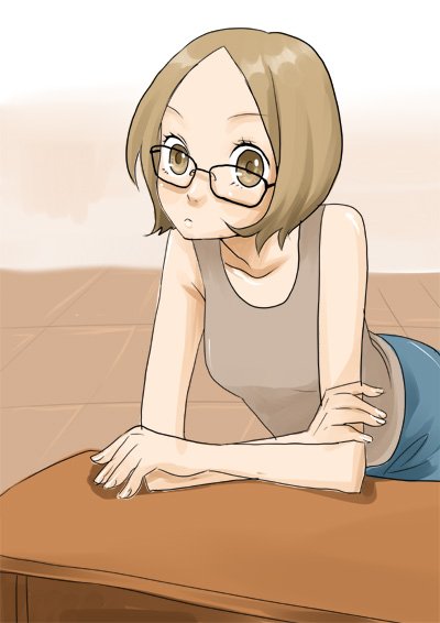 hntk, bad id, bad pixiv id, bent over, brown eyes, brown hair, glasses, short hair, solo