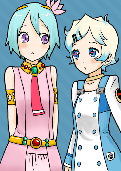 hntk, eureka (eureka seven), nia teppelin, eureka seven, eureka seven (series), tengen toppa gurren lagann, bad id, bad pixiv id, 2girls, aqua hair, blue eyes, blush, cosplay, costume switch, crossover, eureka (eureka seven) (cosplay), hair ornament, hairclip, look-alike, multiple girls, nia teppelin (cosplay), purple eyes, short hair