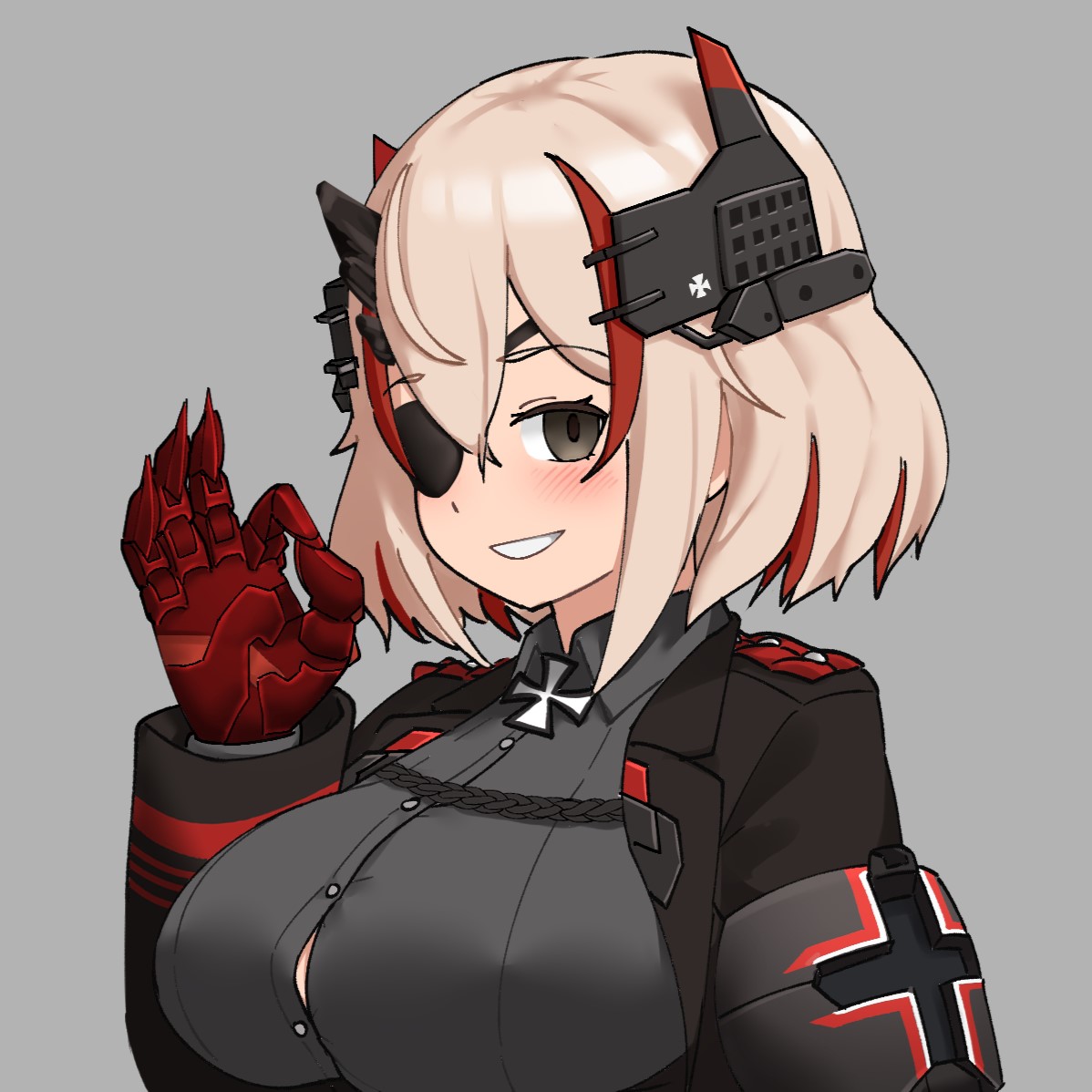 parallelrey, roon (azur lane), venom snake, azur lane, metal gear (series), metal gear solid v: the phantom pain, commentary, english commentary, 1girl, armband, black armband, black jacket, blonde hair, blush, breasts, brown eyes, button gap, buttons, cosplay, cross, eyepatch, fingernails, grey background, grin, hair between eyes, hand up, headgear, horns, iron cross, jacket, large breasts, long sleeves, looking at viewer, mechanical arms, mechanical horns, multicolored hair, ok sign, open clothes, open jacket, open mouth, prosthesis, prosthetic arm, red hair, red streaks, sharp fingernails, short hair, simple background, single mechanical arm, smile, solo, streaked hair, two-tone hair, upper body, venom snake (cosplay)