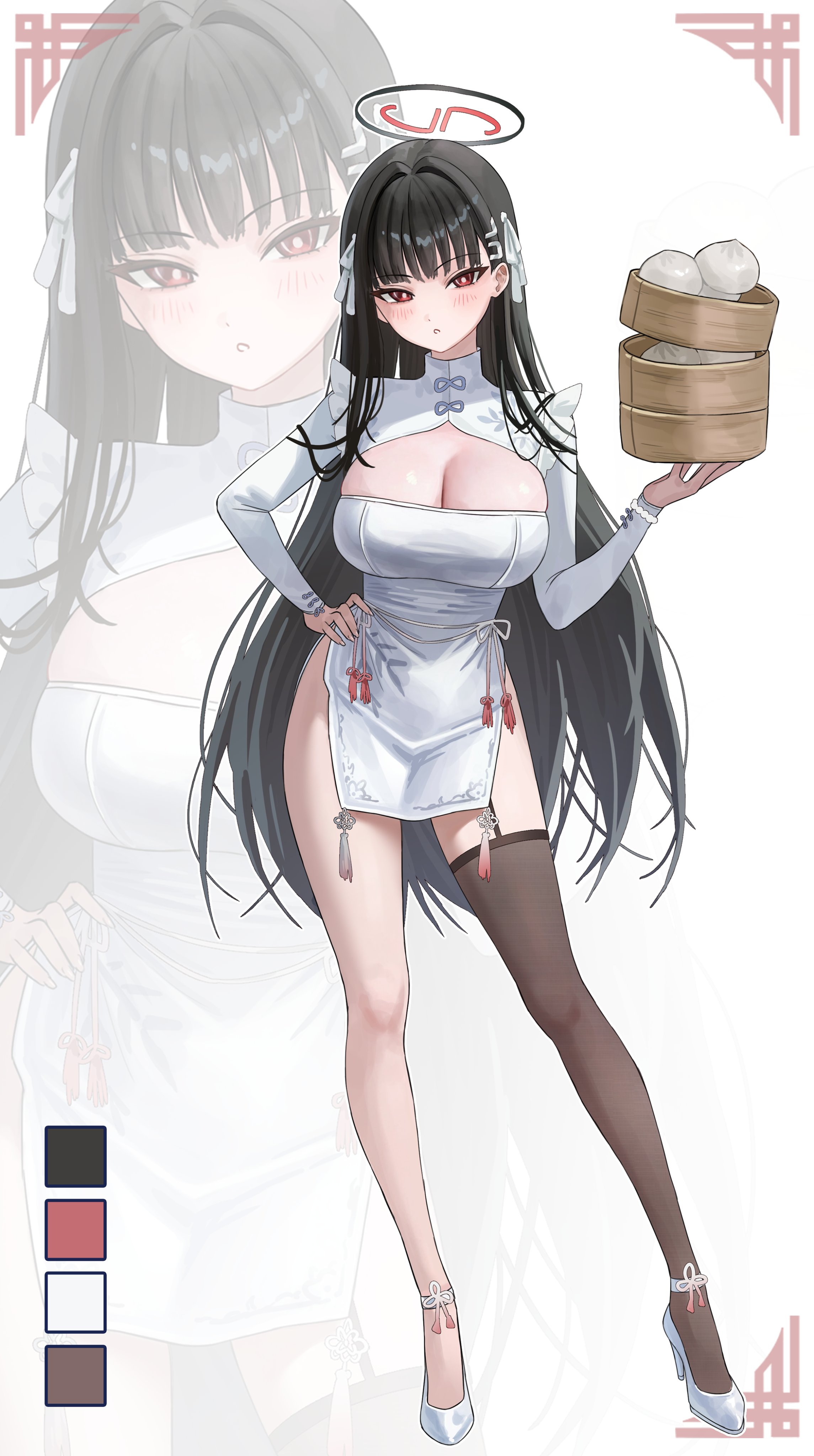 yamu (yamu 030), rio (blue archive), blue archive, absurdres, highres, 1girl, black hair, black halo, blunt bangs, blush, breasts, bright pupils, china dress, chinese clothes, cleavage, cleavage cutout, clothing cutout, dress, dumpling, food, hair ornament, hair ribbon, hairclip, halo, large breasts, long hair, looking at viewer, parted lips, pelvic curtain, red eyes, ribbon, shoes, single thighhigh, solo, thighhighs, thighs, white dress, white pupils, white shoes