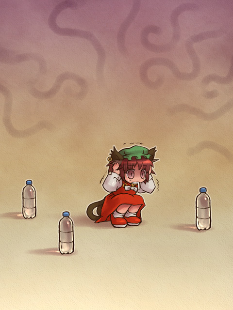 sankuma, chen, touhou, 1girl, animal ears, bottle, cat ears, cat girl, cat tail, cowering, crazy eyes, earrings, female focus, hat, jewelry, nekomata, red shoes, ribbon, saliva, scared, shoes, solo, squatting, tail, trembling, water bottle