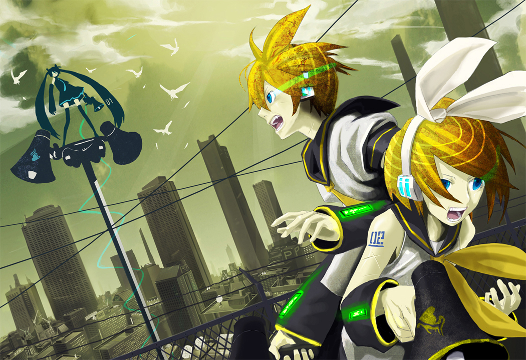 usi, hatsune miku, kagamine len, kagamine rin, koi wa sensou (vocaloid), vocaloid, bad id, bad pixiv id, 1boy, 2girls, bird, brother and sister, city, megaphone, multiple girls, siblings, sky, twins, twintails