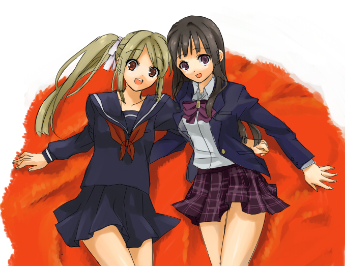 01 0219, bad id, bad pixiv id, 2girls, blonde hair, brown hair, long hair, lying, multiple girls, sailor, school uniform, serafuku, twintails