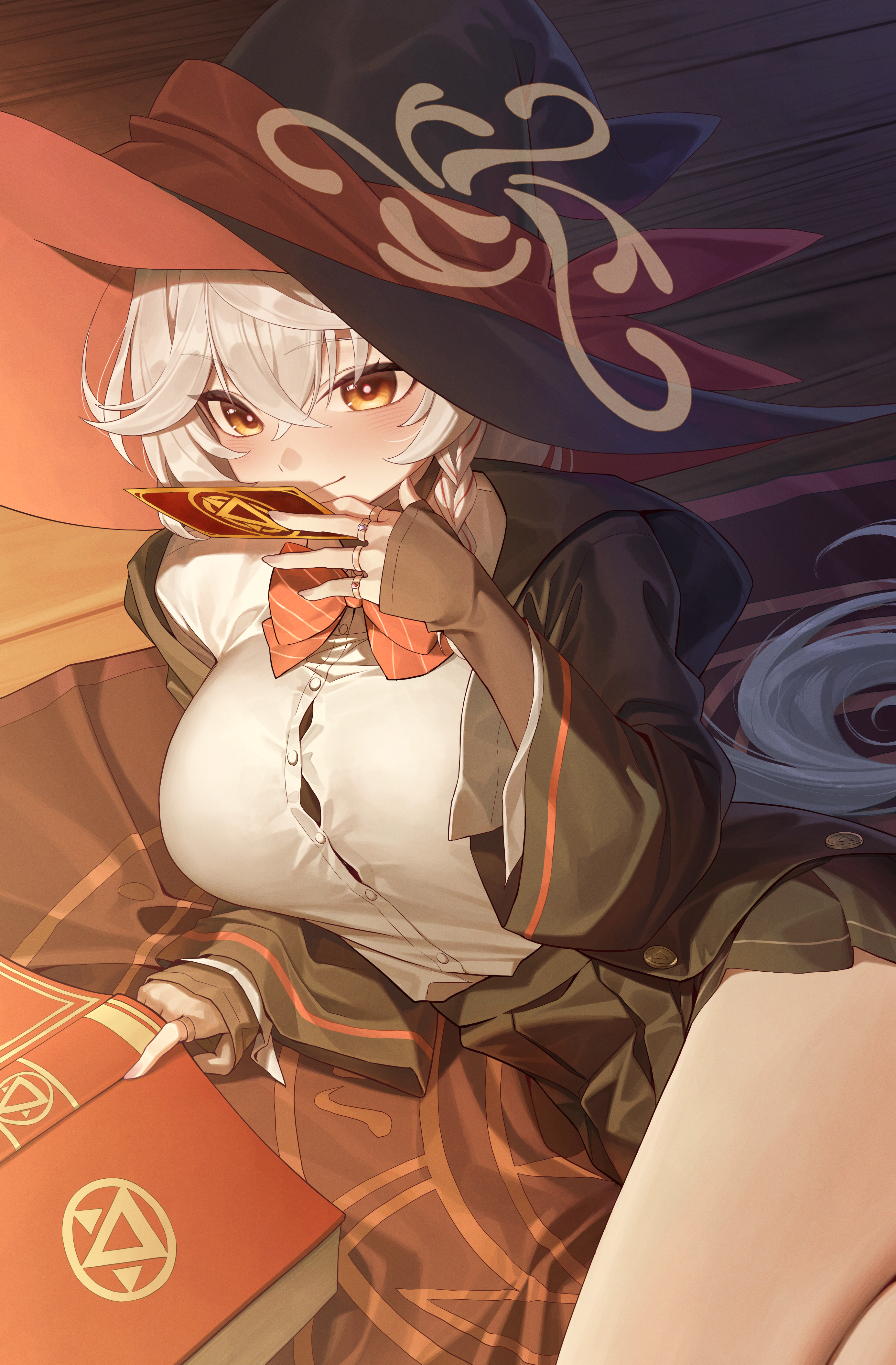 kishita yuu, eri (blue archive), blue archive, absurdres, commentary, english commentary, highres, 1girl, black hat, black jacket, black skirt, blush, book, bow, bowtie, braid, breasts, button gap, card, closed mouth, collared shirt, crossed bangs, diagonal-striped bow, diagonal-striped bowtie, diagonal-striped clothes, gold trim, hair between eyes, halo, hand up, hat, holding, holding card, jacket, jewelry, large breasts, light smile, long hair, long sleeves, looking ahead, low-tied long hair, lying, mat, multicolored hair, multiple rings, on floor, on side, open book, open clothes, open jacket, orange eyes, pleated skirt, red bow, red streaks, red trim, ring, shirt, shirt tucked in, side halo, single braid, skirt, solo, streaked hair, striped bow, striped bowtie, striped clothes, thighs, two-sided fabric, two-sided headwear, very long hair, white hair, white shirt, witch hat, wooden floor, yellow halo