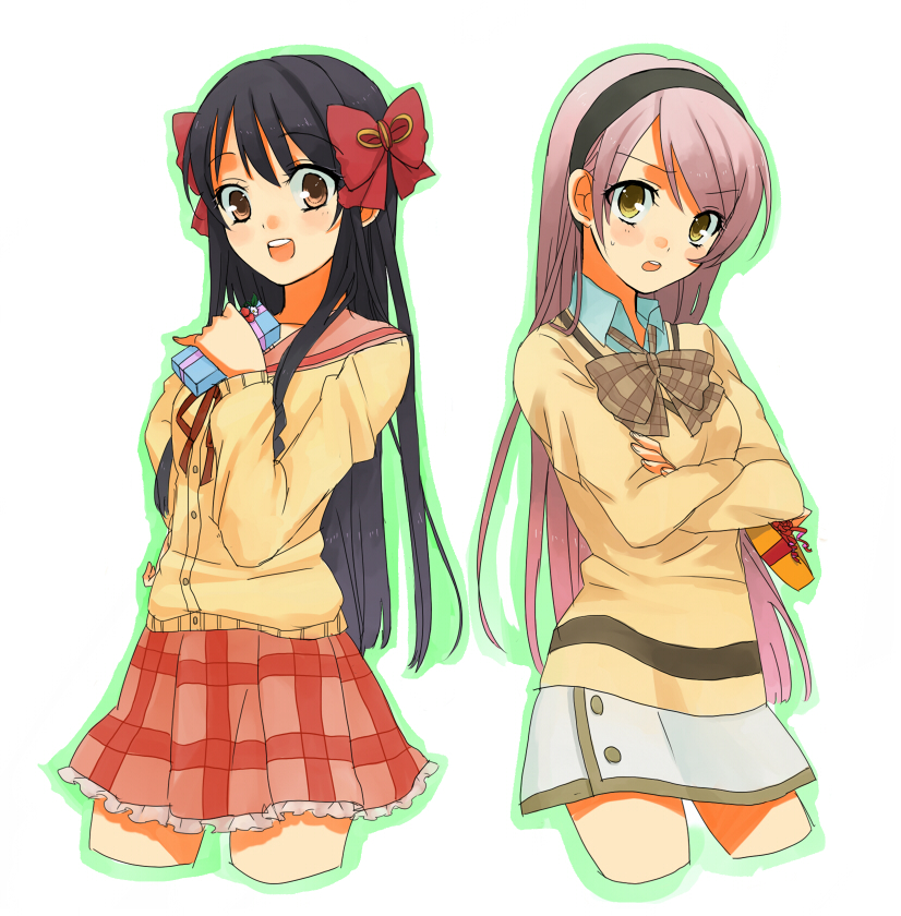 01 0219, minamoto chikaru, okuwaka tsubomi, strawberry panic!, 00s, 2girls, black hair, blush, bow, brown eyes, crossed arms, female focus, gift, hair ribbon, hairband, holding, holding gift, long hair, long sleeves, multiple girls, outline, pink hair, pinky out, ribbon, school uniform, serafuku, simple background, skirt, valentine, white background, yellow eyes