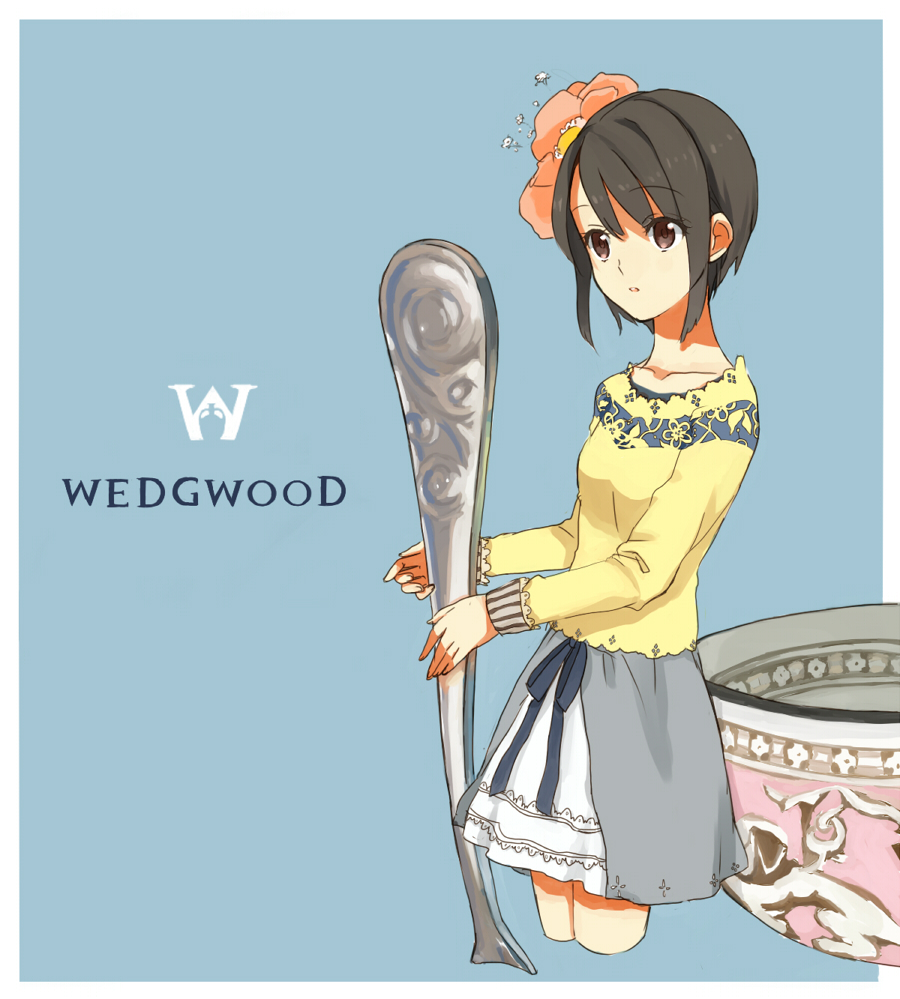 01 0219, 1girl, black hair, brown eyes, cup, female focus, hair ribbon, holding, holding spoon, mini person, minigirl, oversized object, personification, ribbon, short hair, skirt, solo, spoon