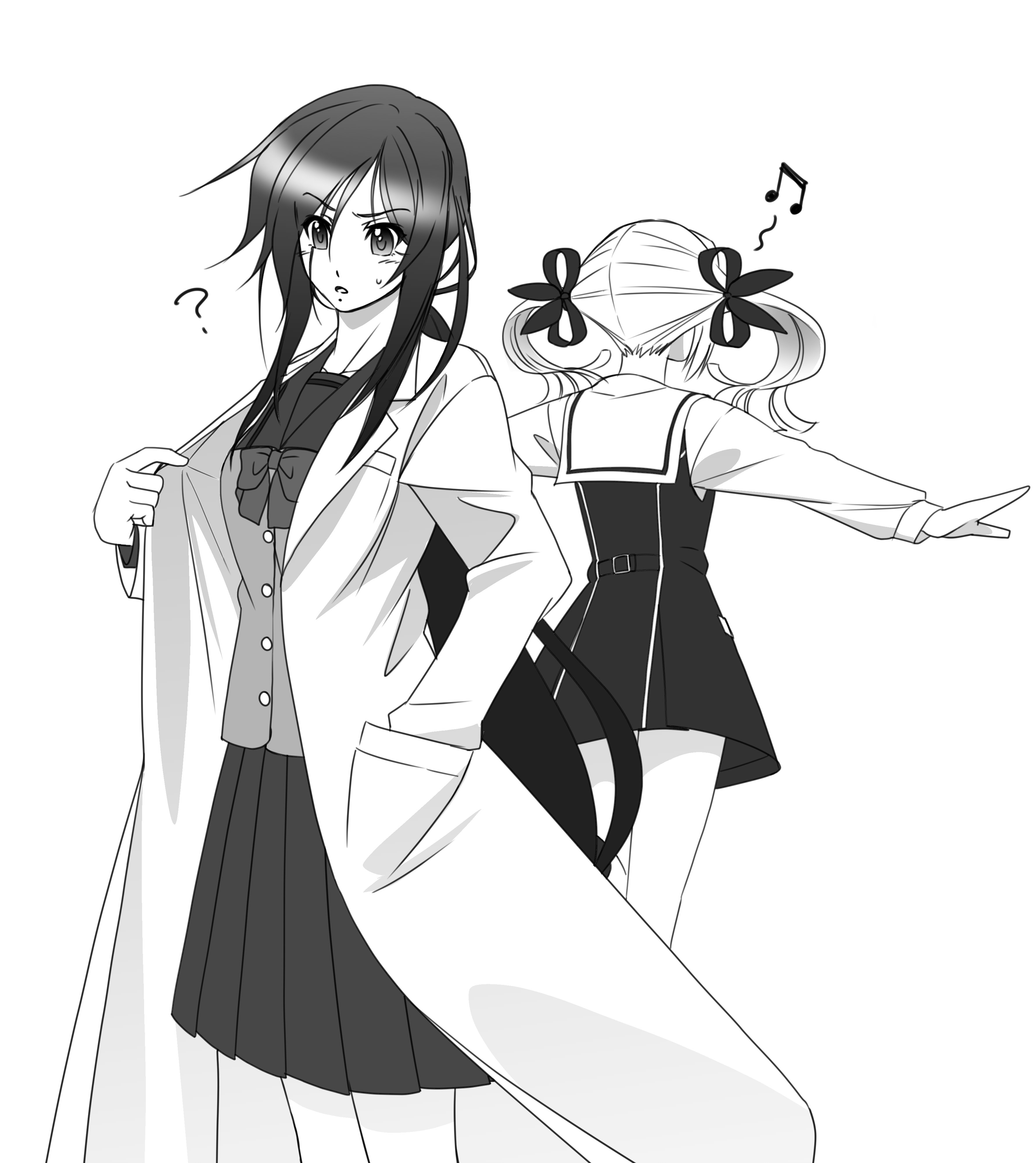 eibon, koujiro frau, kunosato mio, chaos;child, robotics;notes, science adventure, absurdres, highres, 2girls, bare legs, belt, belt buckle, black belt, blazer, blonde hair, blush, breasts, buckle, buttons, chest bow, chuo tanegashima high school uniform, confused, cosplay, costume switch, dress vest, from behind, grey jacket, greyscale, hair ribbon, hand in pocket, hekiho academy school uniform, jacket, lab coat, long hair, long sleeves, medium breasts, miniskirt, monochrome, multiple girls, musical note, nape, nervous sweating, no jacket, pleated skirt, ponytail, ribbon, sailor collar, sailor shirt, school uniform, shirt, sidelocks, simple background, skirt, small breasts, spoken musical note, sweat, thighs, twintails, two side up, very long hair, white background, white sailor collar, winter uniform