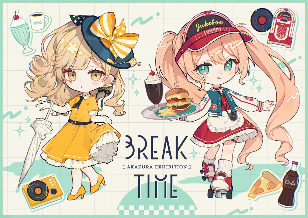 akakura, original, 2girls, apron, blonde hair, bright pupils, burger, chibi, chips (food), closed mouth, dress, english text, facial mark, food, gloves, green eyes, high heels, jacket, long sleeves, multiple girls, open clothes, open jacket, parted lips, pink hair, potato chips, red dress, shoes, short sleeves, smile, socks, tongue, tongue out, umbrella, visor cap, white apron, white gloves, white pupils, yellow dress, yellow eyes, yellow shoes