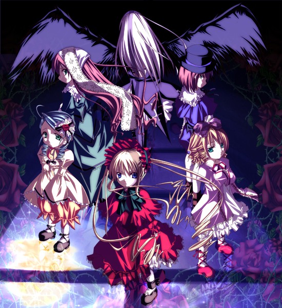 kago no tori, hinaichigo, kanaria, shinku, souseiseki, suigintou, suiseiseki, rozen maiden, bad id, bad pixiv id, 00s, 6+girls, blonde hair, bow, hat, multiple girls, pink bow, siblings, sisters, twins, wings