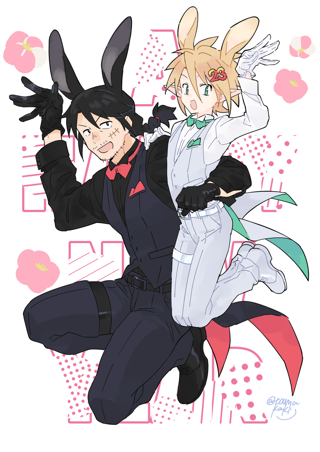 dasshu (dashi now), stunk, zel (ishuzoku reviewers), ishuzoku reviewers, highres, 2boys, animal ears, belt, black belt, black pants, black shirt, black shoes, black vest, bow, bowtie, brown hair, green bow, green bowtie, hair ornament, hairclip, kemonomimi mode, male focus, multiple boys, open mouth, pants, pointy ears, rabbit ears, scar, scar on face, shirt, shoes, sparse stubble, tailcoat, vest, white pants, white shirt, white shoes, white vest