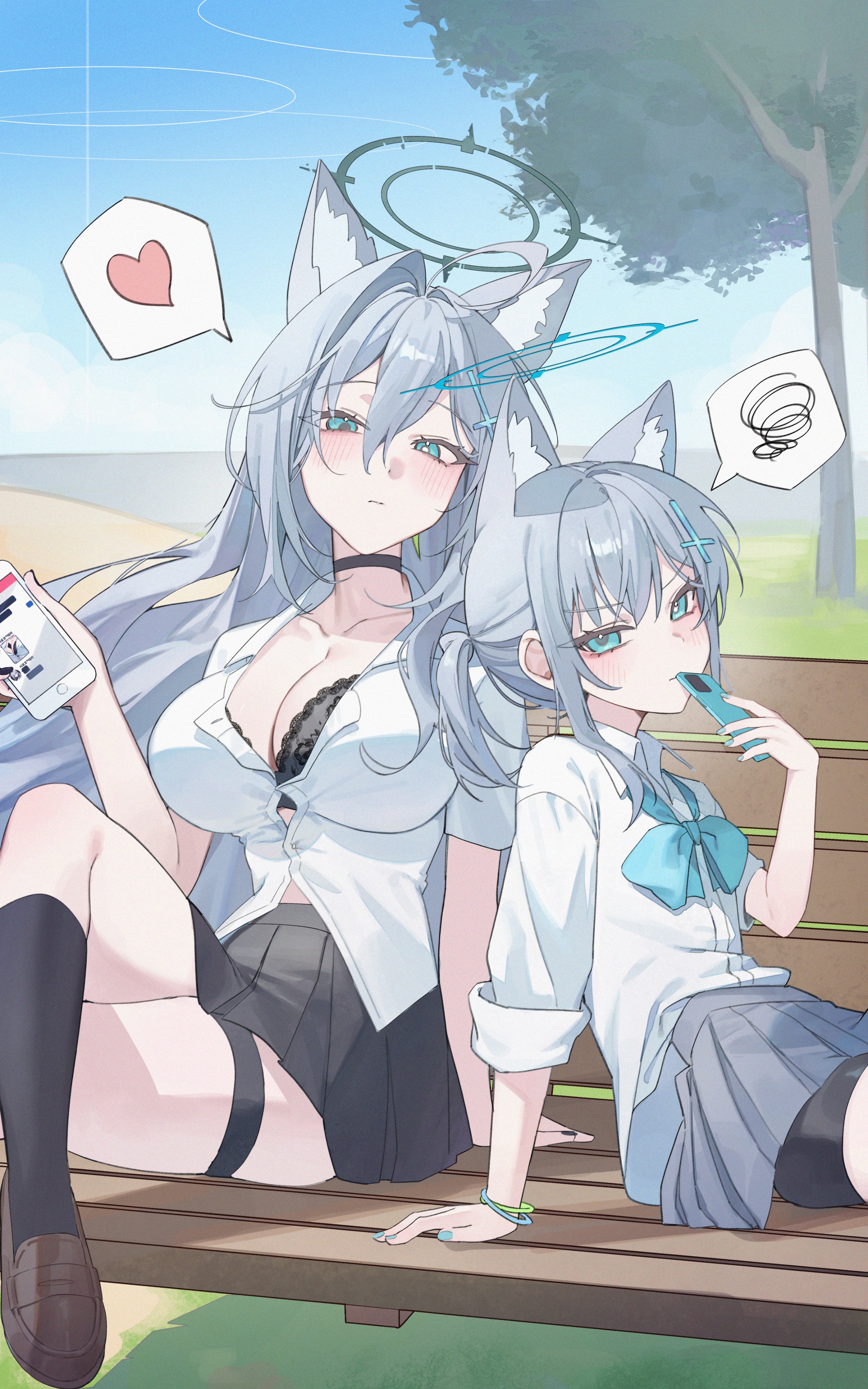 may.l, shiroko (blue archive), shiroko terror (blue archive), blue archive, absurdres, highres, 2girls, animal ears, blue eyes, day, grey hair, heart, heterochromia, holding, long hair, looking at viewer, multiple girls, outdoors, school uniform, sitting, skirt, tree, wolf ears