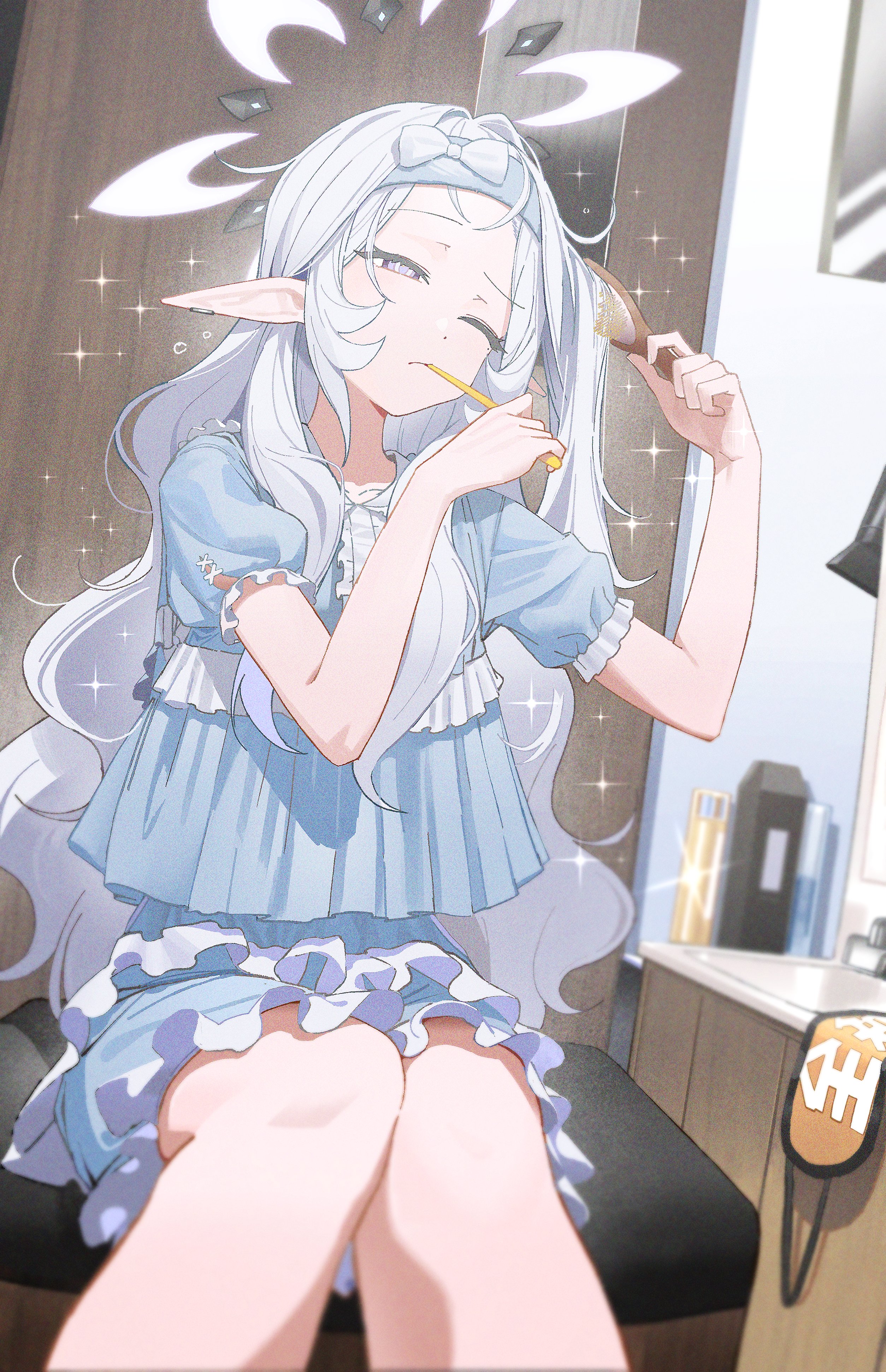 zanya 000, himari (blue archive), blue archive, absurdres, highres, 1girl, flat chest, halo, indoors, long hair, mirror, morning, pointy ears, purple eyes, sitting, solo, white hair