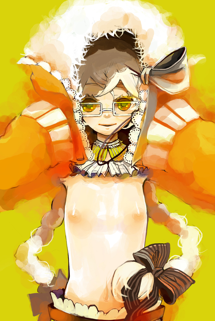 shirako mugi, braid, flat chest, glasses, grey hair, nipples, ribbon, solo, topless female, twin braids