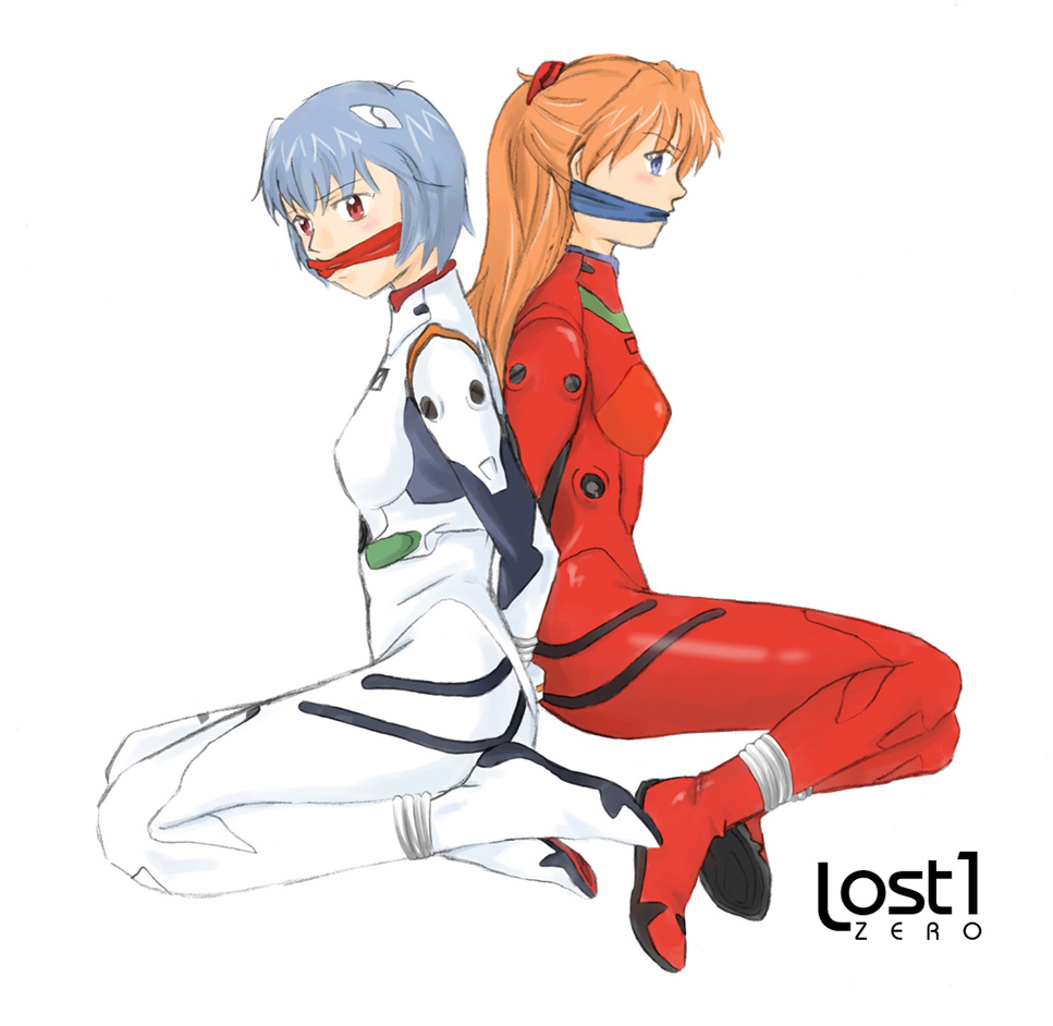 lost1zero, ayanami rei, souryuu asuka langley, neon genesis evangelion, plugsuit, tied, tied up, 2girls, arms behind back, bdsm, bondage, bound arms, cleave gag, gag, gagged, multiple girls