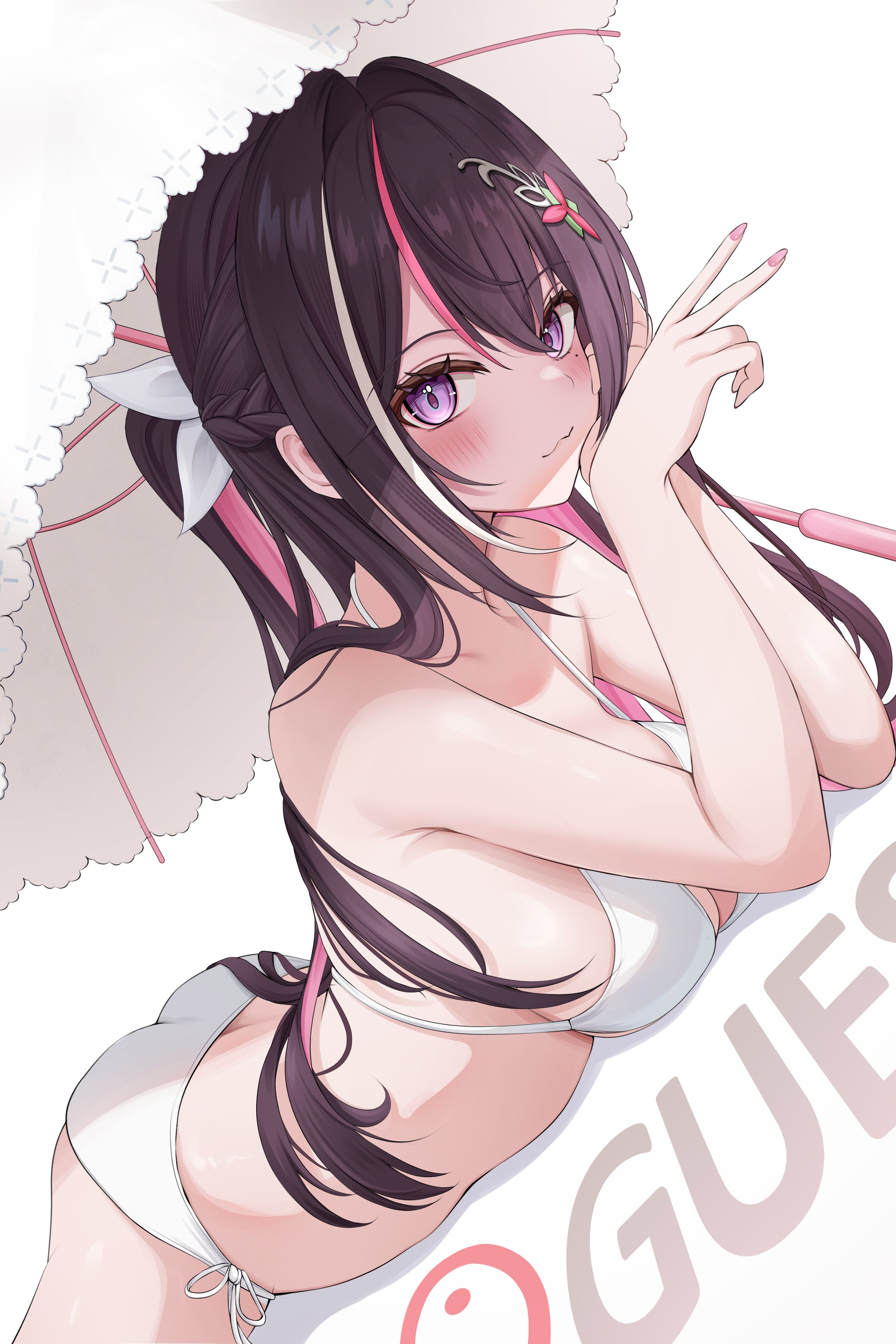 7nopi, azki (hololive), hololive, absurdres, commentary request, highres, 1girl, :3, ass, bikini, black hair, braid, breasts, cleavage, closed mouth, colored inner hair, double-parted bangs, hair intakes, hair ornament, hairclip, half up half down braid, halterneck, large breasts, long hair, looking at viewer, lying, mole, mole under eye, multicolored hair, on stomach, pink hair, ponytail, purple eyes, short ponytail, simple background, smile, solo, streaked hair, swimsuit, umbrella, very long hair, virtual youtuber, white background, white bikini, white hair, white umbrella