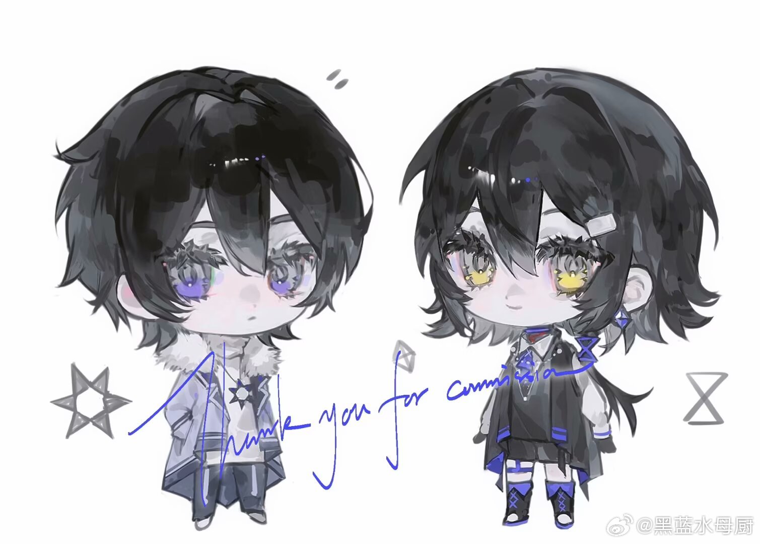 original, 1boy, 1girl, black hair, black jacket, blue jacket, boots, chibi, chibi only, collared shirt, earrings, full body, fur-trimmed jacket, fur trim, hair between eyes, hands in pockets, heilanshuimuchu, jacket, jewelry, long hair, looking at viewer, necklace, open clothes, open jacket, pants, purple eyes, sample watermark, shirt, shoes, short hair, shorts, simple background, smile, turtleneck, watermark, white background, white shirt, yellow eyes