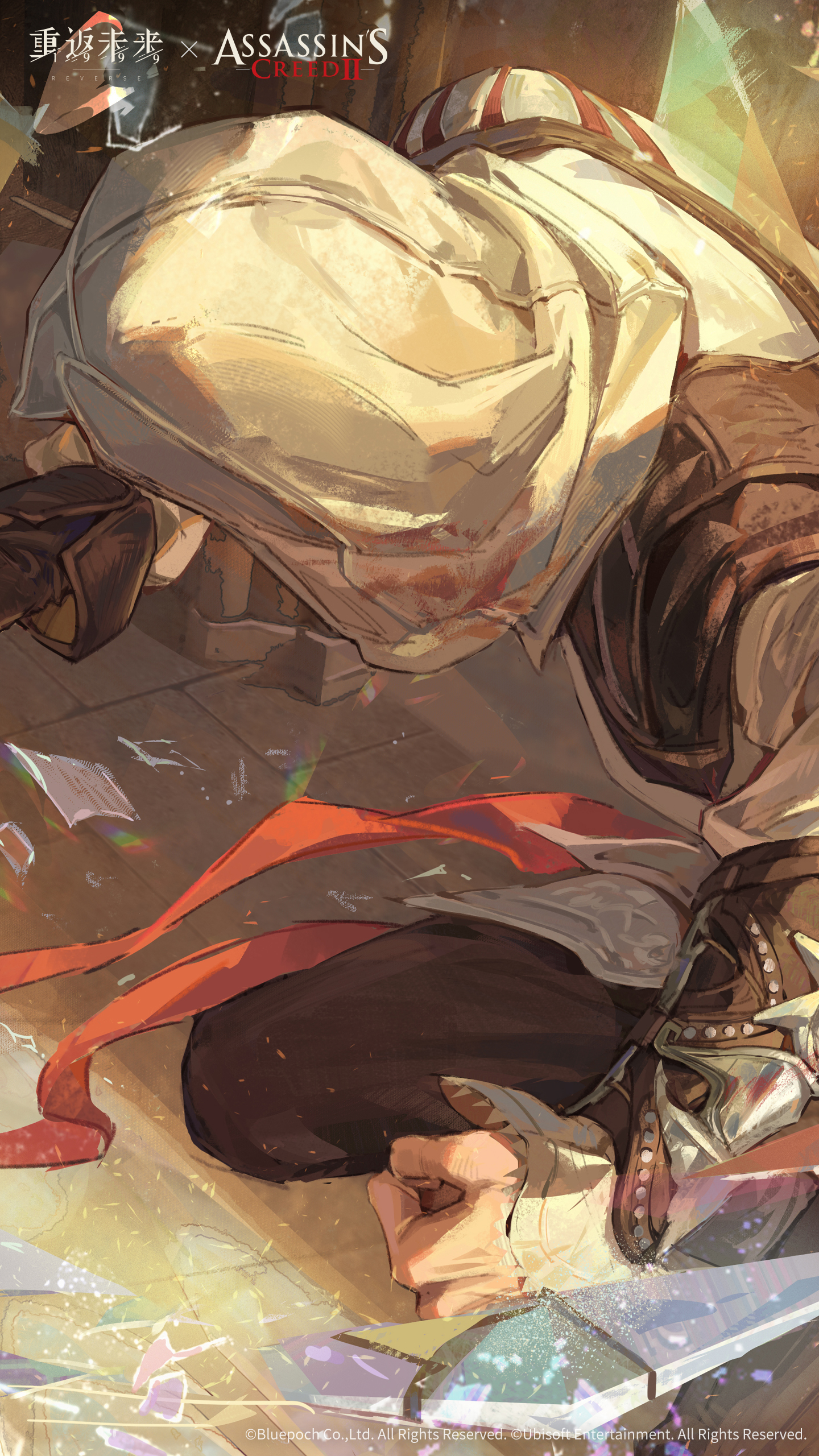 ezio auditore da firenze, assassin's creed (series), assassin's creed ii, reverse:1999, absurdres, highres, official art, official wallpaper, 1boy, black pants, brown cape, brown gloves, cape, copyright name, copyright notice, facing away, from above, glass shards, gloves, hood, hood up, indoors, jumping, logo, male focus, pants, side cape, single glove, solo, stone floor