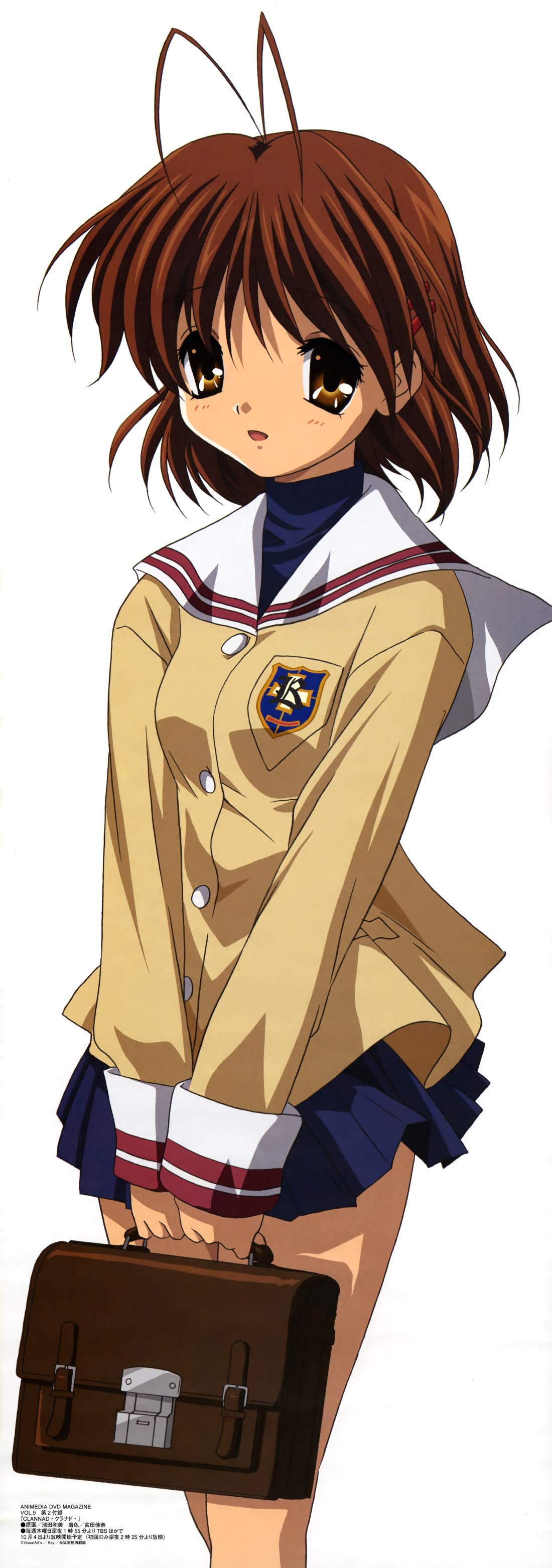 ikeda kazumi, furukawa nagisa, clannad, absurdres, highres, scan, 00s, antenna hair, bag, school bag, school uniform, serafuku, solo