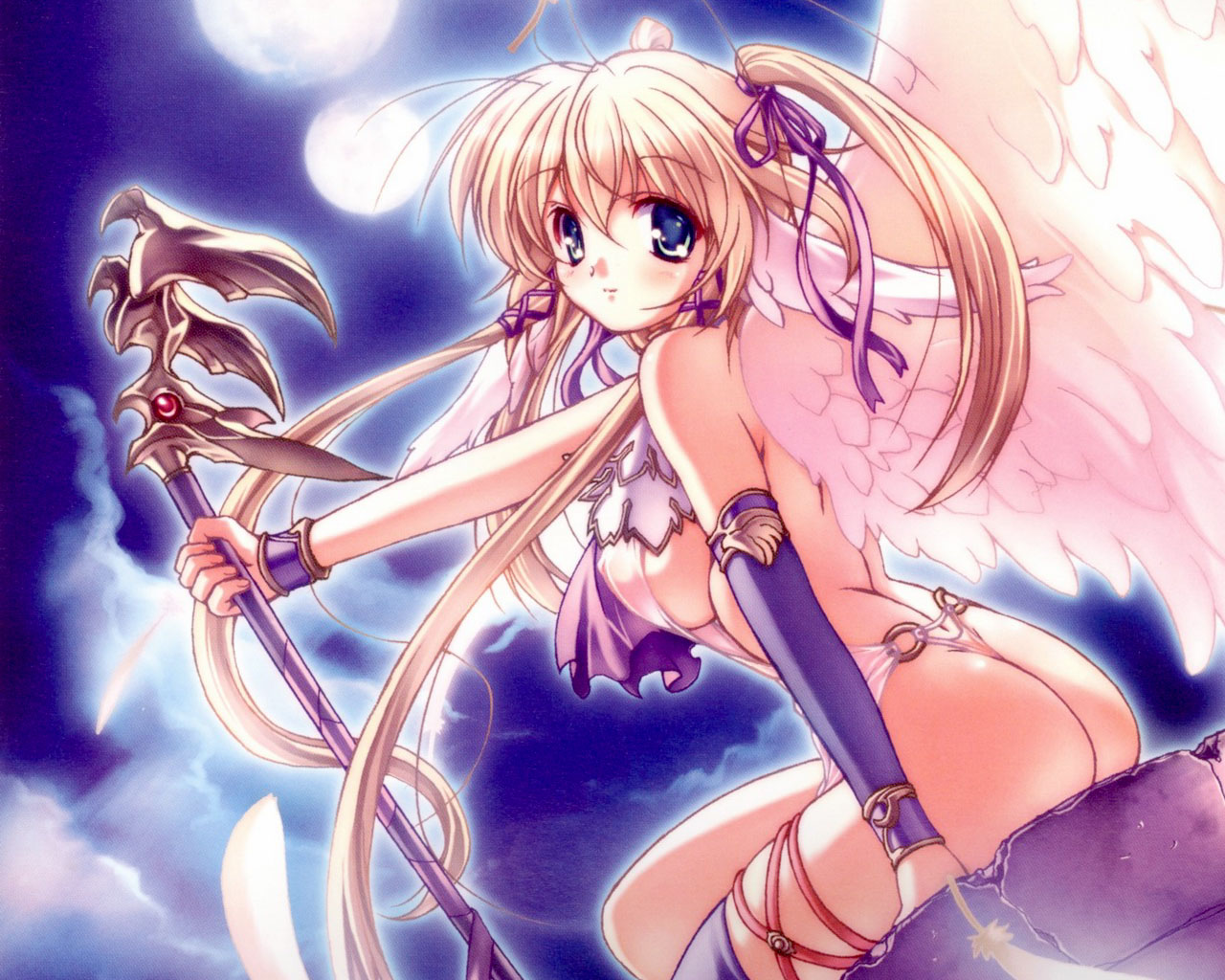 ishida hiroyuki, 1girl, angel, ass, bare shoulders, blonde hair, blue eyes, blush, breasts, female focus, hair ribbon, large breasts, long hair, ribbon, sideboob, solo, thighhighs, twintails, wings