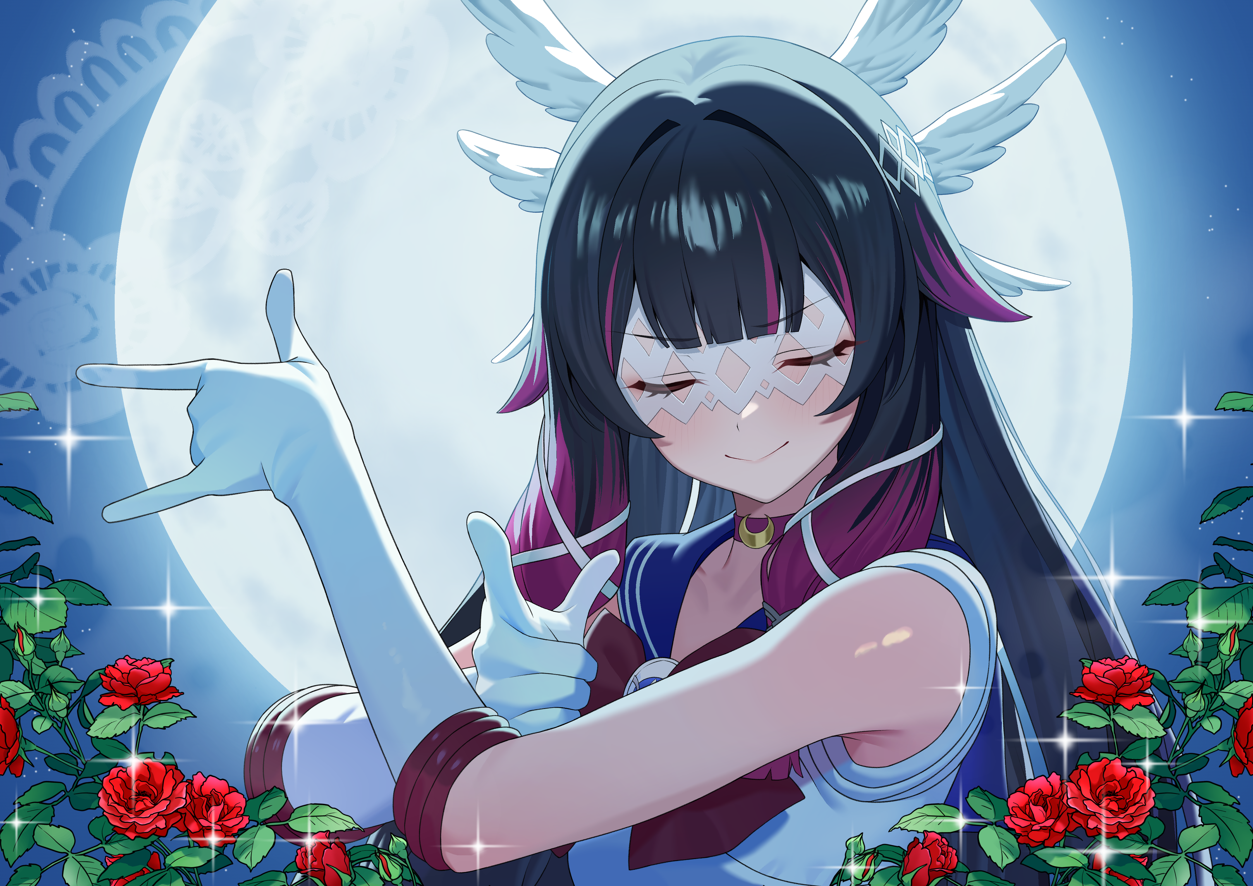 0haribo0, columbina (genshin impact), sailor moon, bishoujo senshi sailor moon, genshin impact, absurdres, commentary request, highres, 1girl, m/, black choker, black hair, blue sailor collar, choker, closed eyes, closed mouth, cosplay, elbow gloves, eye mask, facing viewer, flower, full moon, gloves, hair intakes, head wings, long hair, moon, multiple wings, night, night sky, outdoors, purple hair, red flower, red rose, rose, sailor collar, sailor moon (cosplay), sailor moon pose, sailor senshi uniform, shirt, sky, solo, sparkle, sparkling aura, tsuki ni kawatte oshioki yo, upper body, white gloves, white shirt, white wings, wings