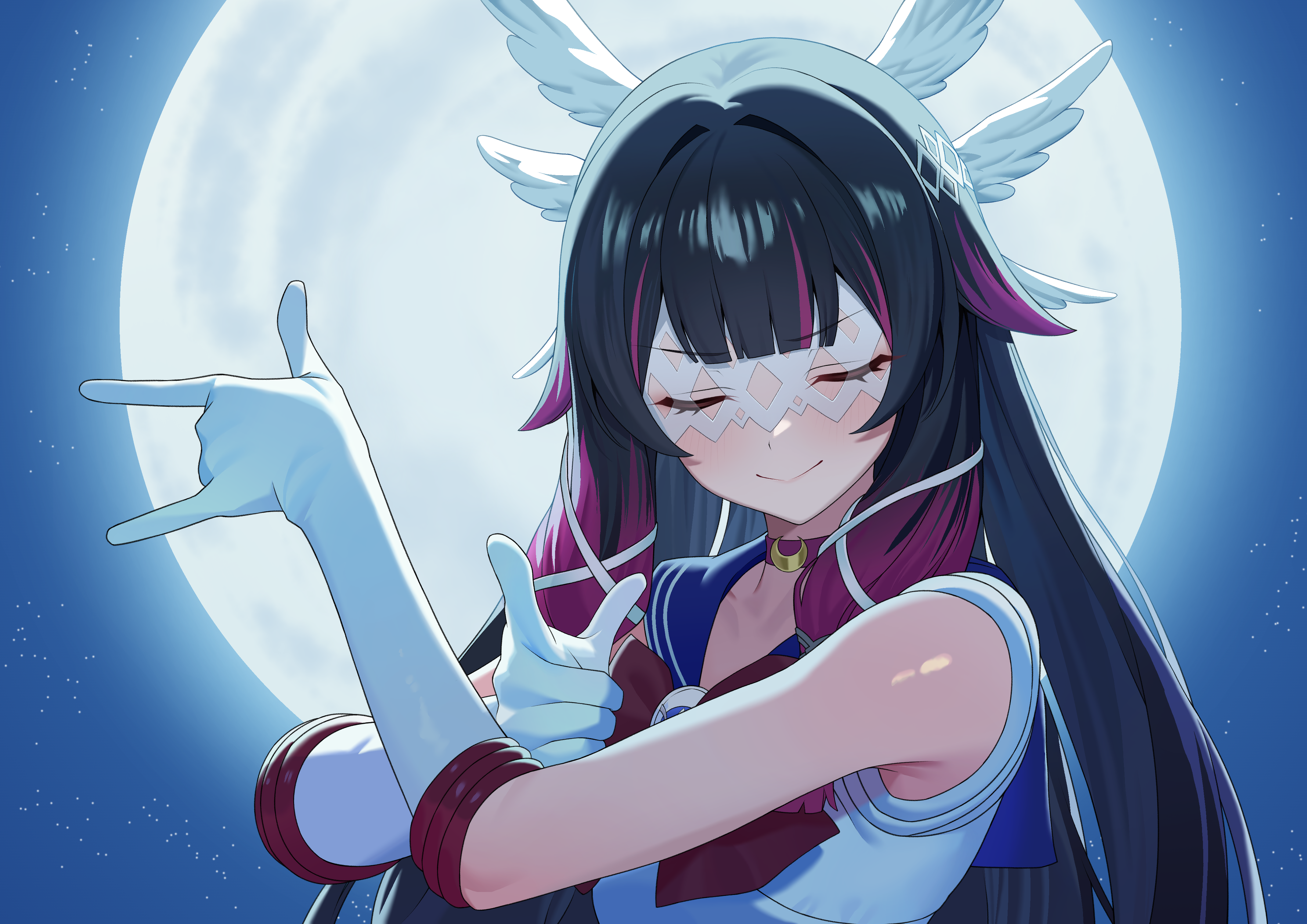 0haribo0, columbina (genshin impact), sailor moon, bishoujo senshi sailor moon, genshin impact, absurdres, commentary request, highres, 1girl, m/, black choker, black hair, blue sailor collar, choker, closed eyes, closed mouth, cosplay, elbow gloves, eye mask, facing viewer, full moon, gloves, hair intakes, head wings, long hair, moon, multiple wings, night, night sky, outdoors, purple hair, sailor collar, sailor moon (cosplay), sailor moon pose, sailor senshi uniform, shirt, sky, solo, tsuki ni kawatte oshioki yo, unofficial sailor senshi uniform, upper body, white gloves, white shirt, white wings, wings