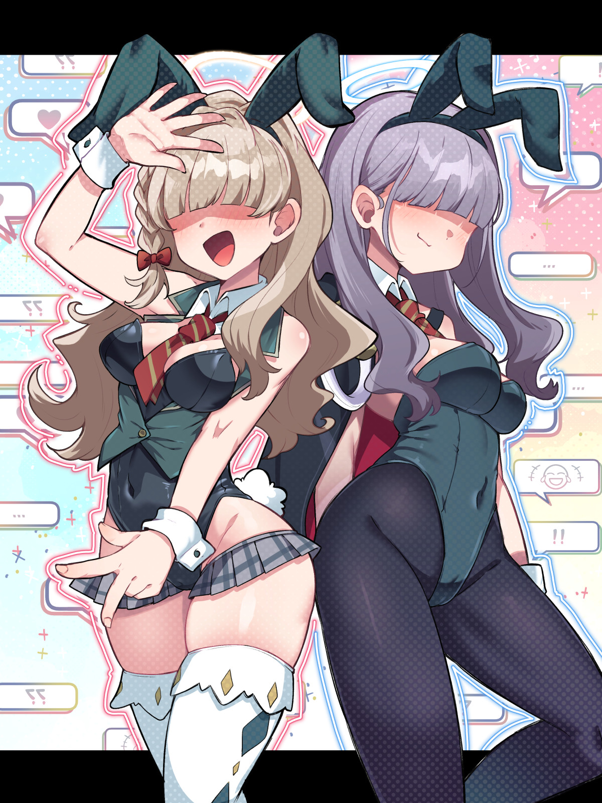 amagaeru (hylathewet), blue archive, highres, 2girls, animal ear hairband, animal ears, black leotard, black pantyhose, blonde hair, boots, braid, breasts, covered eyes, covered navel, detached collar, diagonal-striped clothes, diagonal-striped necktie, fake animal ears, fishnet pantyhose, fishnets, green leotard, grey hair, hairband, highleg, highleg leotard, leotard, long hair, medium breasts, multiple girls, necktie, pantyhose, playboy bunny, rabbit ear hairband, rabbit ears, red necktie, strapless, strapless leotard, striped clothes, super highleg, thigh boots, very long hair, white boots, white wrist cuffs, wildhunt art academy student (ar) (blue archive), wildhunt art academy student (smg) (blue archive), wrist cuffs