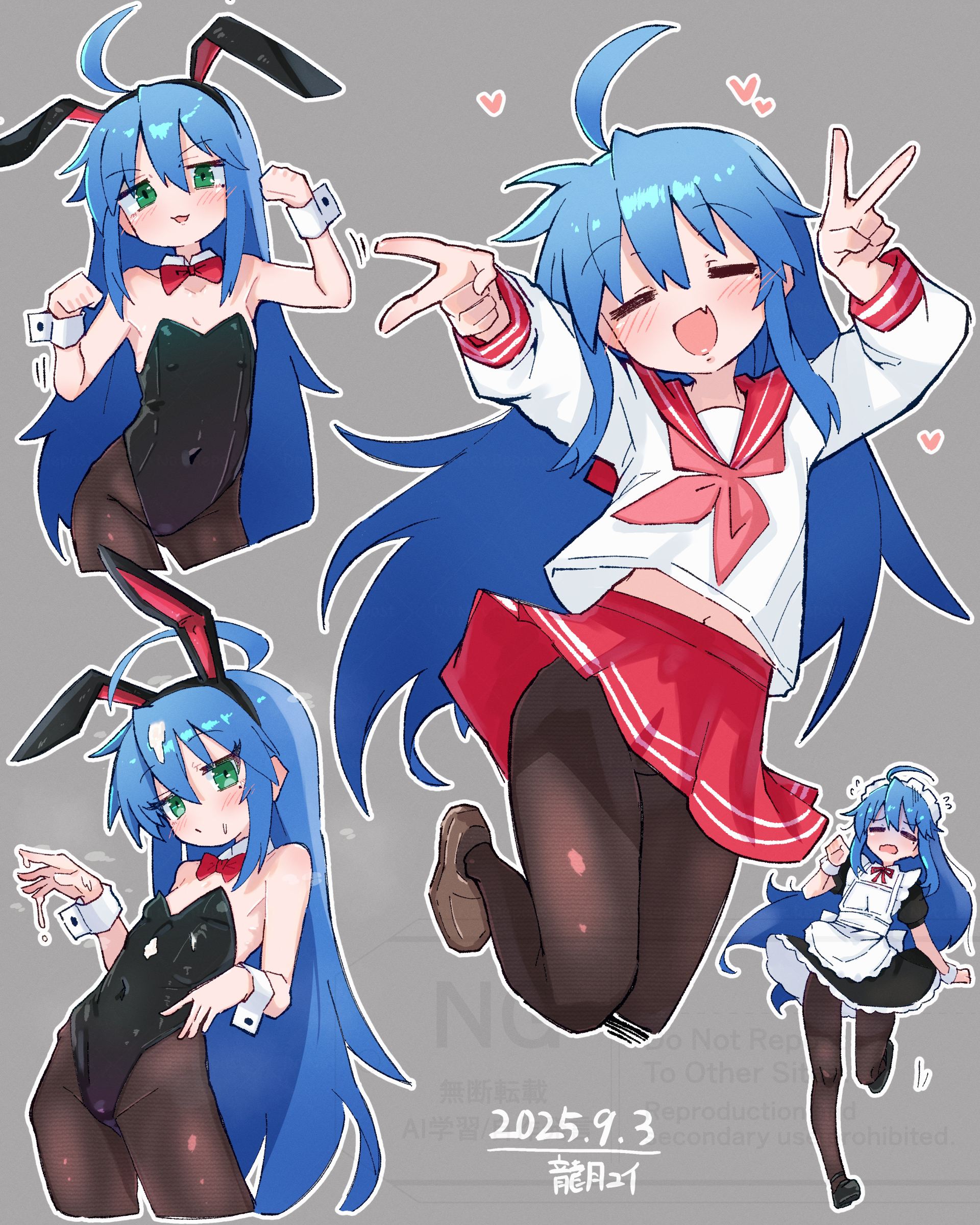 yui (tdragono 1011), izumi konata, lucky star, absurdres, highres, 1girl, :3, ahoge, animal ear hairband, animal ears, apron, black dress, black leotard, black pantyhose, black shoes, blue hair, bow, bowtie, breasts, brown shoes, closed eyes, covered navel, dated, detached collar, double v, dress, fake animal ears, fang, frilled apron, frills, green eyes, grey background, hairband, heart, highleg, highleg leotard, leotard, long hair, long sleeves, maid, maid apron, midriff peek, miniskirt, mole, mole under eye, multiple views, navel, open mouth, outline, pantyhose, playboy bunny, pleated skirt, puffy long sleeves, puffy short sleeves, puffy sleeves, rabbit ear hairband, rabbit ears, red bow, red bowtie, red sailor collar, red skirt, ryouou school uniform, sailor collar, sailor shirt, school uniform, serafuku, shirt, shoes, short sleeves, simple background, skin fang, skirt, small breasts, strapless, strapless leotard, v, watermark, white apron, white outline, wrist cuffs