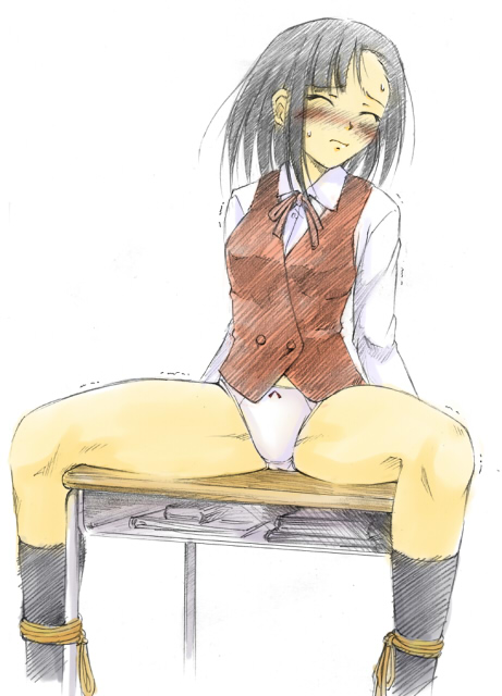 suda (yuunagi enikki), sakurazaki setsuna, mahou sensei negima!, 00s, 1girl, bdsm, black hair, blush, bondage, bound, closed eyes, desk, female focus, hair down, loli, panties, rope, scared, school uniform, serafuku, short hair, socks, solo, spread legs, thighs, underwear