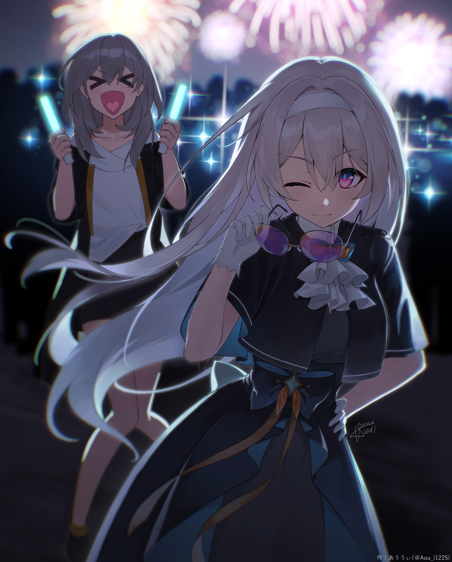 auui, firefly (honkai: star rail), stelle (honkai: star rail), trailblazer (honkai: star rail), honkai: star rail, honkai (series), highres, > <, 2girls, aerial fireworks, alternate costume, ascot, black dress, black jacket, black skirt, blue eyes, breasts, collarbone, dress, fireworks, gloves, grey hair, hairband, hand on own hip, heart, heart in mouth, holding, holding lightstick, holding removed eyewear, jacket, knees together feet apart, long hair, looking at viewer, medium breasts, multicolored eyes, multiple girls, night, one eye closed, open mouth, outdoors, purple-tinted eyewear, purple eyes, shirt, signature, skirt, smile, tinted eyewear, two-tone eyes, unworn eyewear, white ascot, white gloves, white hairband, white shirt