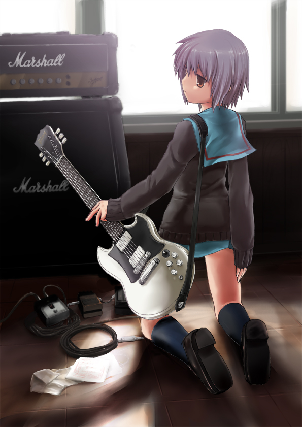 kaito (k4itoh), nagato yuki, gibson sg, marshall, suzumiya haruhi no yuuutsu, bad id, bad pixiv id, 00s, 1girl, amplifier, cardigan, effects pedal, electric guitar, female focus, guitar, instrument, kneeling, school uniform, serafuku, short hair, solo, towel